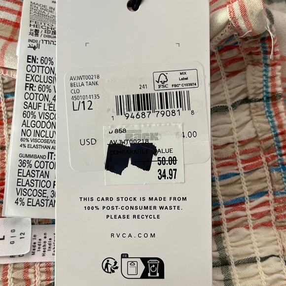 RVCA Bella Multicolor Plaid Lace-Up Cropped Tank Top Women's Size Large NWT - Picture 9 of 9